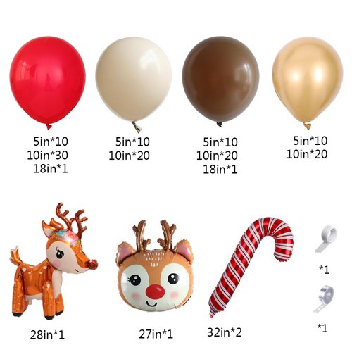 138Pcs Christmas Reindeer Balloon Garland Arch Kit Red Brown Sand White Gold Balloons with Moose Elk Deer Candy Cane Foil Balloon for Christmas Woodland Party Xmas Winter New Year Party Decorations