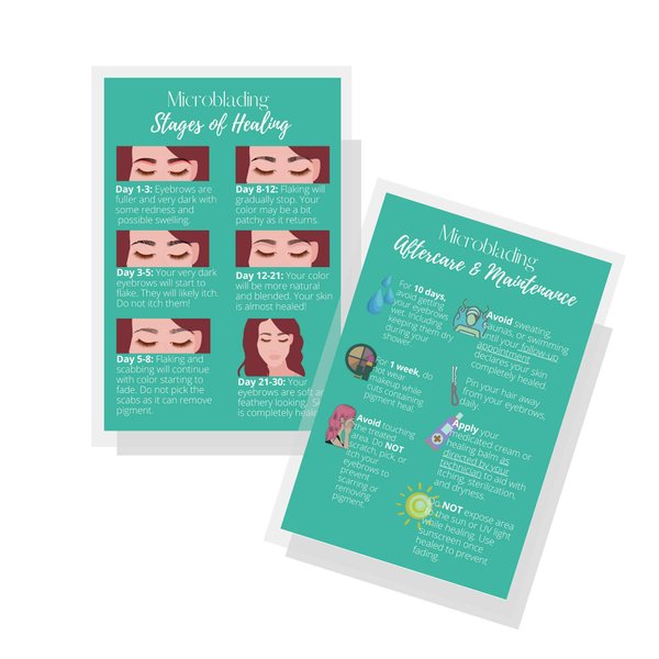 Eyebrow Microblading Healing & Aftercare Instructions Postcards | Package of 30 | Double Sided Size 4 x 6" inches Postcard | Green with Colorful Icons Design