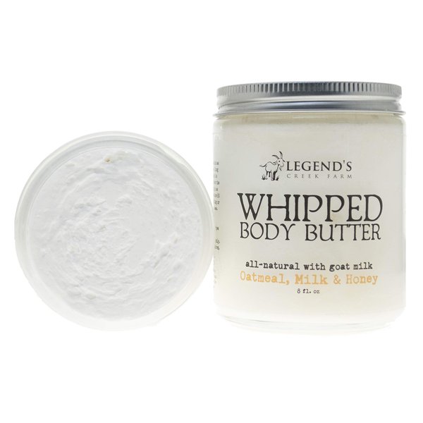 Legend's Creek Farm, Whipped Goat Milk Body Butter, Hydrating Moisturizer with Organic Shea Butter & Grape Seed Oil, Purifying & Toning, Handmade in USA, 8 Oz Jar (Oatmeal, Milk & Honey B.B.)