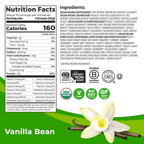 Orgain Organic Vegan Protein + 50 Superfoods Powder, Vanilla Bean - 21g Plant Based Protein, 8g Prebiotic Fiber, No Lactose Ingredients, Gluten Free, Non-GMO, 1.12 lb (Packaging May Vary