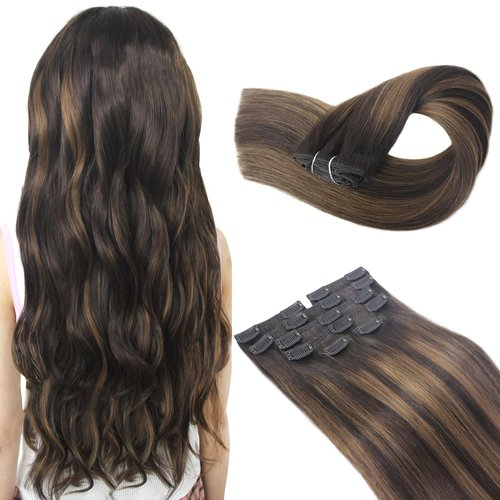 Atbering Clip in Hair Extensions, Seamless Clip in Hair Extensions Real Human Hair for Women, Thick Dark Brown Mixed Chestnut Brown Hair Extensions Clip ins Full Shine 16inch 115g 7pcs