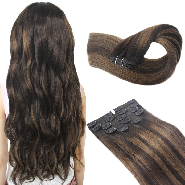 Atbering Clip in Hair Extensions, Seamless Clip in Hair Extensions Real Human Hair for Women, Thick Dark Brown Mixed Chestnut Brown Hair Extensions Clip ins Full Shine 16inch 115g 7pcs