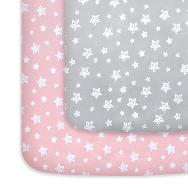 Pack and Play Sheets Girl, Mini Crib Sheets, Stretchy Pack n Play Playard Fitted Sheet, Compatible with Graco Pack n Play, Soft and Breathable Material, Grey & Pink