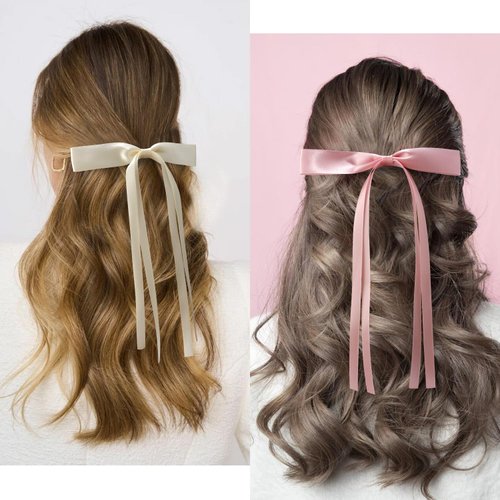 Atoden Hair Bows Hair Ribbon Tassel Bow Hair Clips 8 Pcs Coquette Bows Silky Satin Long Tail Bowknot Hair Clips Alligator Clips Cute Hair Accessories for Women Girls Gifts Black Beige Pink Purple