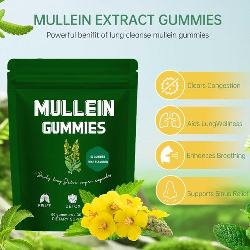 Mullein Gummies for Lung Cleanse, Daily Respiratory Health Gummies Support for Smokers, 2000mg Mullein Leaf herb Extract Supplements- 60 Gummies Per Bag 2 PCS Per Day Green