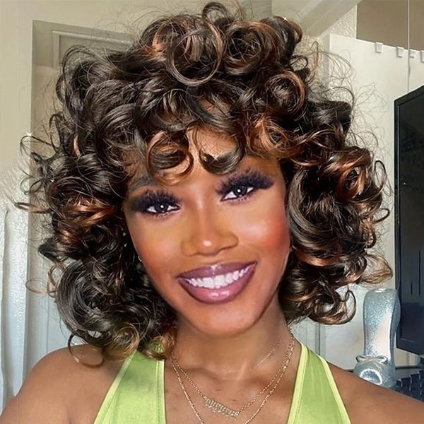Short Curly Wigs for Black Women Blonde Big Curly Wig with Bangs Afro Kinky Curls Short Blonde 70's Curly Wigs for Black Women 1BT30 Bouncy Fluffy and Soft Blonde Afro Wigs (Black Mixed Blonde)