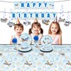 148Pcs Airplane Themed Birthday Party Supplies Include Disposable Paper Plates-Paper Cups-Paper Napkins-Forks-Knives-Tablecloth-Banner-Single Spirals With Cards for Airplane Party Decorations