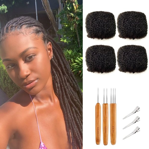 JIFFYLOCS Tight Afro Kinky Bulk Human Hair for Dreadlock Extensions 100% Human Hair,4 Packs 10 Inches Long,Natural Black #1B,Repair Extensions,Making Locs or Braids, with Needles and Hairpin