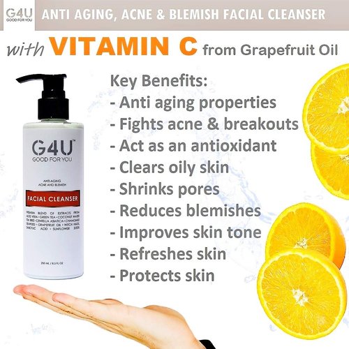 G4U Face Wash Facial Cleanser for Women and Men. For Oily, Dry, Sensitive, Normal, All Skin Types. Natural Plant Based with Vitamin C. Ideal for Daily Use at Home, Spas and Salons. 8.5 Fl Oz
