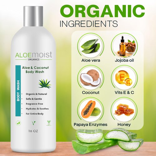 AloeMoist Organic Body Wash Moisturizing Shower Gel – Sensitive Skin Body Wash – No Added Scent, Dye or Gluten – Moisturizing Body Wash Women & Men w/Coconut, Aloe, Honey, Vitamin E