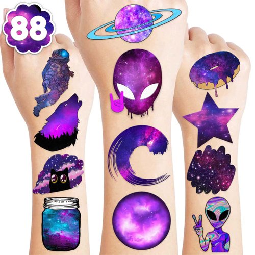 8 Sheets (88PCS) Galaxy Temporary Tattoos Themed Space Birthday Party Decorations Supplies Favors Decor Stickers for Kids Gifts Classroom School Prizes Rewards