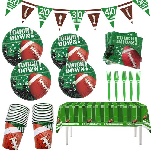 Football Party Decorations-98pcs Football Party Supplies Including Plates, Napkins, Cups,Forks , Pennant and Touchdown Tablecloth for Football Birthday Party Decorations, Serve 24