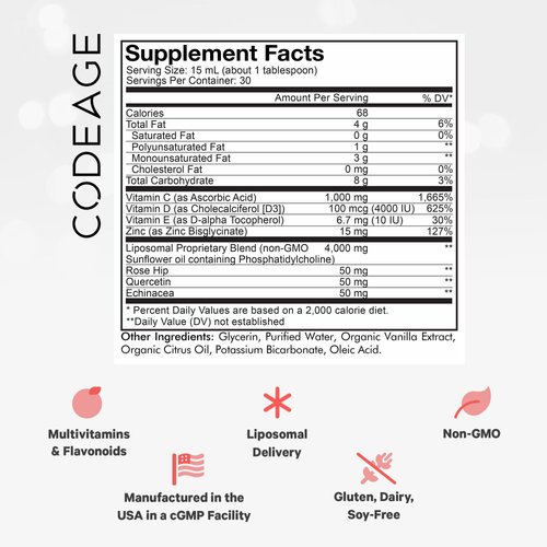 Codeage Liquid Vitamin C 1000mg, Vitamins D3, E & Zinc, Rose HIPS, Quercetin, Echinacea, Vegan Liposomal Vitamin C Supplement, Non-GMO, 16 fl oz