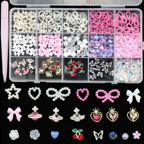 Pink White Bow Rose Flowers Nail Charms 3D Hollow Heart Star Bowknots Pearls Assorted Acrylic Nail Charms Mix Pearls, Silver Planet Star Butterfly Alloy Nail Gems Charms for Nail Art DIY Accessories