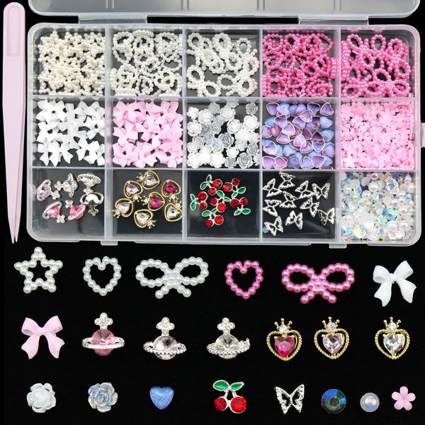 Pink White Bow Rose Flowers Nail Charms 3D Hollow Heart Star Bowknots Pearls Assorted Acrylic Nail Charms Mix Pearls, Silver Planet Star Butterfly Alloy Nail Gems Charms for Nail Art DIY Accessories