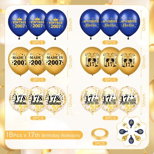 Blue Gold 17th Birthday Balloons for Boys Girls 18Pcs Navy Blue Vintage 2007 Balloons Vintage 17th Birthday Confetti Latex Balloons for Boys Girls 17th Birthday Party Decorations Supplies 12 inch
