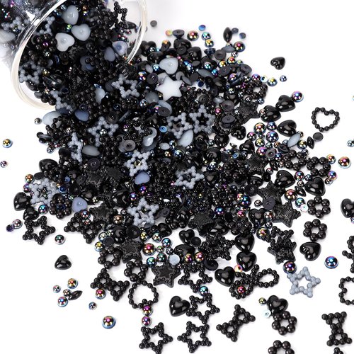 1450pcs Black 3D Multi Shapes Pearl Nail Charms, COOSLIM Flatback Pearls Gems Heart Flower Bowknot Nail Charms Mix Styles Star Bow for Nail Art Decoration