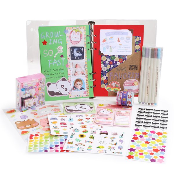 6x8'' DIY Scrapbook Album Kit, Make Your Own Scrapbook, Ring Binder Scrapbook Kit, DIY Journal Kit, Scrapbook & Diary Supplies Toy Set for Tween Teenage Kids, Birthday Gifts for 8-14 (Color Run)