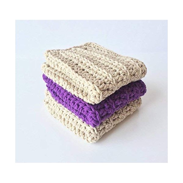 Handmade Crochet Washcloths, Dish Towels, Dish cloths, Baby wipes, Baby washcloths, Spa Cloths, 100% cotton wash cloth, Beige, Purple and Beige Cotton Wash Cloths set of 3