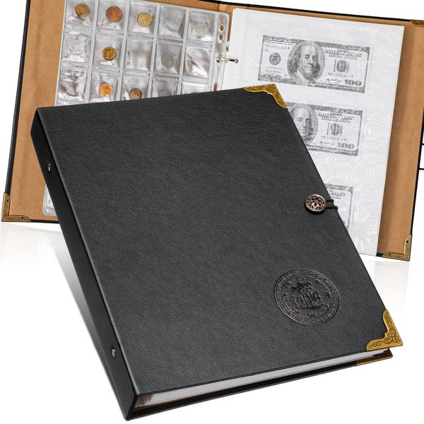 Coin Collecting Holder Album with 150 Coin Pockets and 240 Paper Currency Pockets, PU Leather Coins Collection Holder Penny Currency Storage Book (Black)
