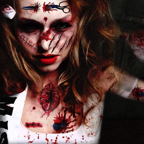 Zombie Makeup,Halloween Makeup,11 Unique Sheets,Fake Blood, Scar Tattoo,Halloween Tattoos Fake Blood Makeup Vampire Makeup, Enjoy Halloween Makeup Kit Zombie Tattoos,11 Sheets,61 Pics Fake Scars Cuts