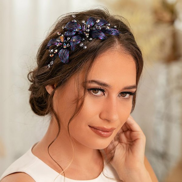 Formery Blue Flowers Crystal Headband Crystals Beads Floral Hairband Prom Party Wedding Handmade Copper Wire Beaded Flower Headpiece for Women and Girls