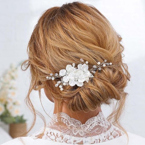 Jakawin Bride Flower Wedding Hair Piece Silver Pearl Hair Clip Rhinestone Crystal Headpiece Leaf Bridal Hair Accessories for Women FJ01 (1 Silver)