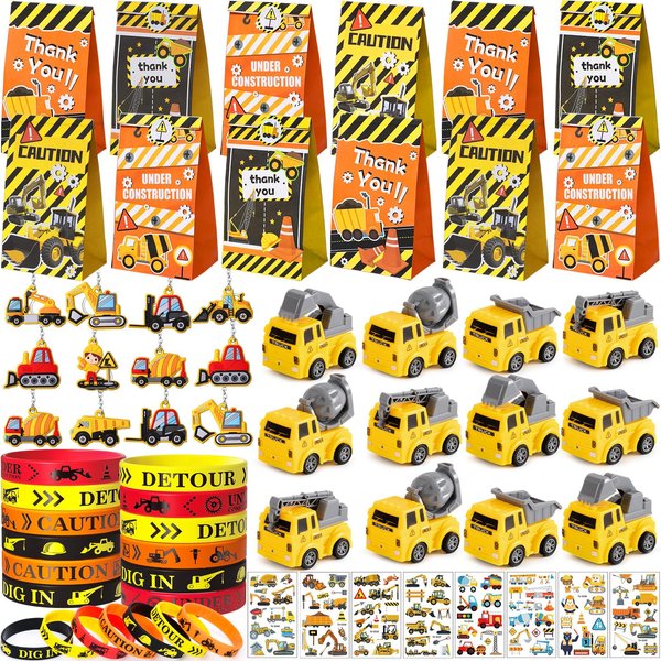 Winrayk Construction Party Favors Construction Birthday Party Supplies, Construction Truck Toy Gift Bag Bracelet Keychain Tattoo Sticker, Kids Construction Games Prize Pinata Filler Goody Bag Stuffers