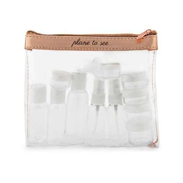 MIAMICA “Plane to See” TSA Compliant Travel Toiletry Bag – Includes 15 Pieces – 7.5” L x 6.5” W x 1.25” D, Clear/Rose Gold – Cute Travel Gifts