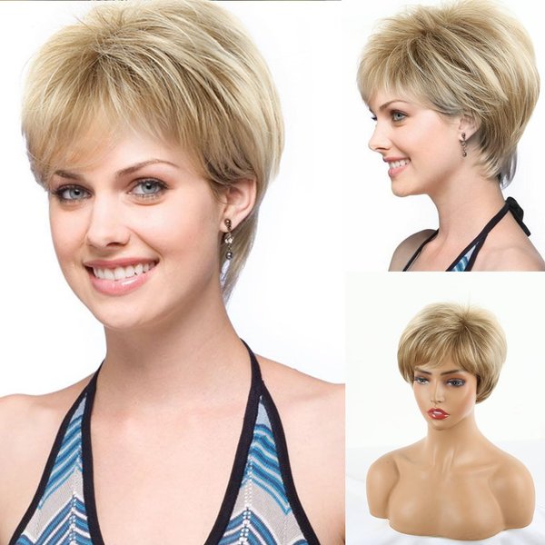 CINHOO Short Blonde Wigs for White Women Synthetic Pixie Cut Wig with Bangs,Short Hair Wigs for Women with Blonde Highlight Tousled Waves/Blended and Rooted Shades(Shades of Blonde, Silver and Brown)