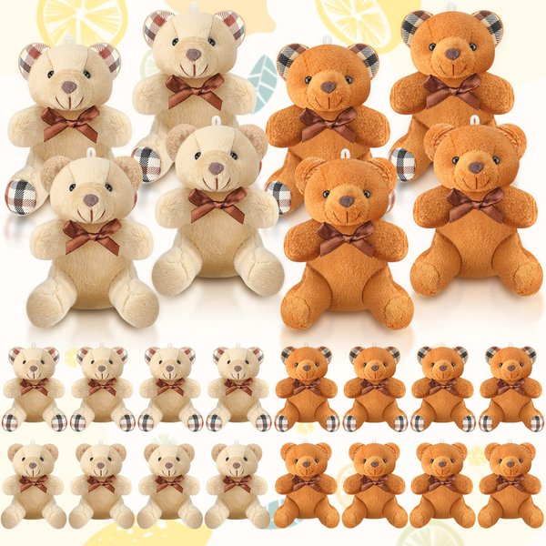 HyDren 24 Pcs Mini Bear Stuffed Animal 4 Inch Bear Bulk Small Bear Mini Bear Soft Tiny Bear Doll Keychain for Graduation Birthday Baby Shower Wedding Party Decor(Light Brown, Dark Brown)