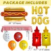 Hot Dog Balloon Garland Arch Kit, Fast Food Snacks Picnic Burger BBQ Decorations with Banner, Picnic Tablecloth, Foil Balloons and Latex Balloons in Red Orange Yellow White for Kids Baby Shower