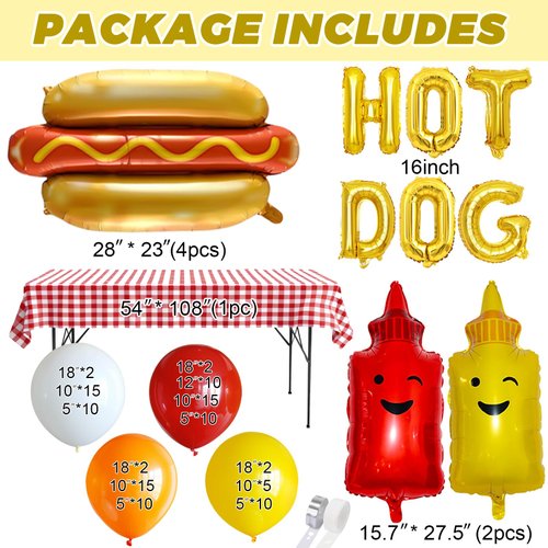Hot Dog Balloon Garland Arch Kit, Fast Food Snacks Picnic Burger BBQ Decorations with Banner, Picnic Tablecloth, Foil Balloons and Latex Balloons in Red Orange Yellow White for Kids Baby Shower