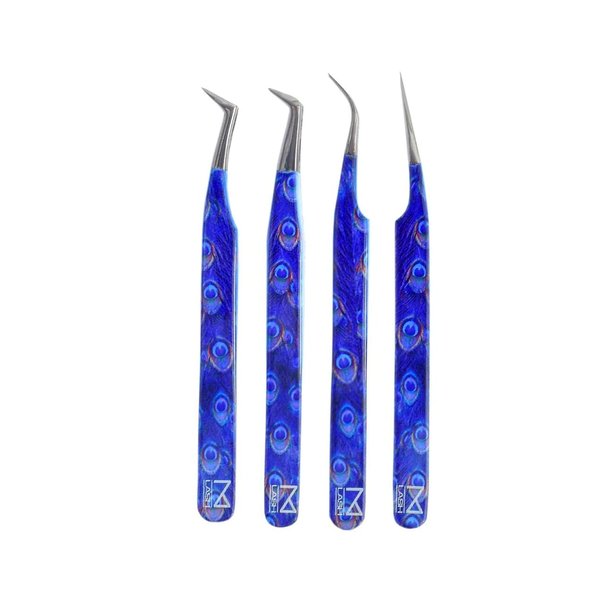 M LASH Eyelash Extension Tweezers (Set of 4) - Professional & Precision Lash Tweezers for Eyelash Extensions - Japanese Steel, Diamond Grip, Fiber Tip for Stunning Results (V2P2)