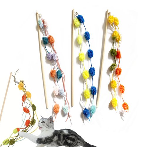 IUHKBH Cat Wands, 3 PCS Interactive Cat Teasing Stick with Vibrant Colours and Bell Plush Srtip Cat Toys Wooden Pole Cat Teaser Wand for All Breed Sizes
