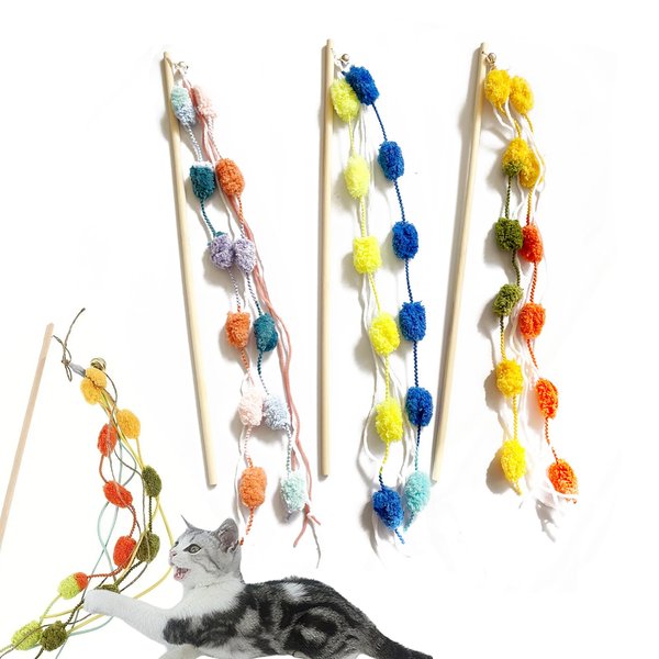 IUHKBH Cat Wands, 3 PCS Interactive Cat Teasing Stick with Vibrant Colours and Bell Plush Srtip Cat Toys Wooden Pole Cat Teaser Wand for All Breed Sizes