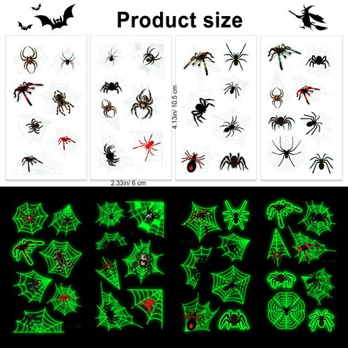 HOWAF 10 Sheets Halloween Glow Spiders Temporary Tattoos, Glow in The Dark Spider Cobweb Tattoos for Happy Halloween Makeup Cosplay Party Favors, Trick or Treat Tattoos Sticker 70+pcs