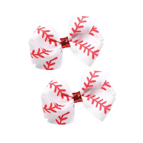 White Softball Hair Clips Bow White Softball Hair Ring Tie White Softball Cheer Bow BBG47 (B1-Set 2 Pcs)