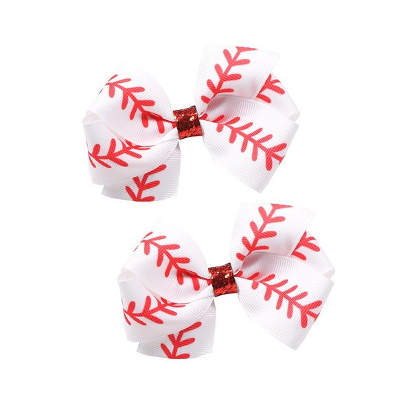 White Softball Hair Clips Bow White Softball Hair Ring Tie White Softball Cheer Bow BBG47 (B1-Set 2 Pcs)