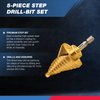 NEIKO 10173A Step Drill Bit Set for Metal and Wood, 5 Piece SAE, Spiral Grooved for Faster Drilling, Step Bits with 50 Total Step Sizes, Titanium Coated Unibits