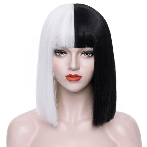Juziviee Black White Bob Wigs for Cruella Costume Women Short Hair Wig with Bangs Cute Natural Soft Hair with Wig Caps Colored Synthetic Full Wigs for Daily Party JZ016BW