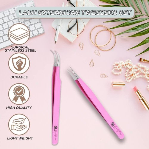 BeautyPros Eyelash Extension Tweezers - Stainless Steel Straight & Curved Tweezer Set - Classic Tip Tweezers For Volume Lash Extension - Pack of 2 - Pink Tweezers (Pink)