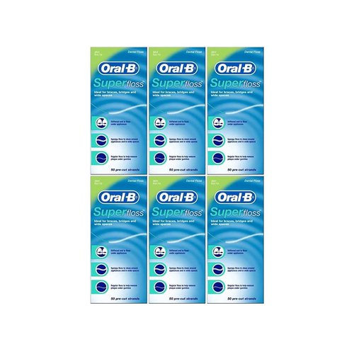 Oral-B Super Floss Mint Dental Floss for Braces Bridges - 50 Strips (Pack of 6)