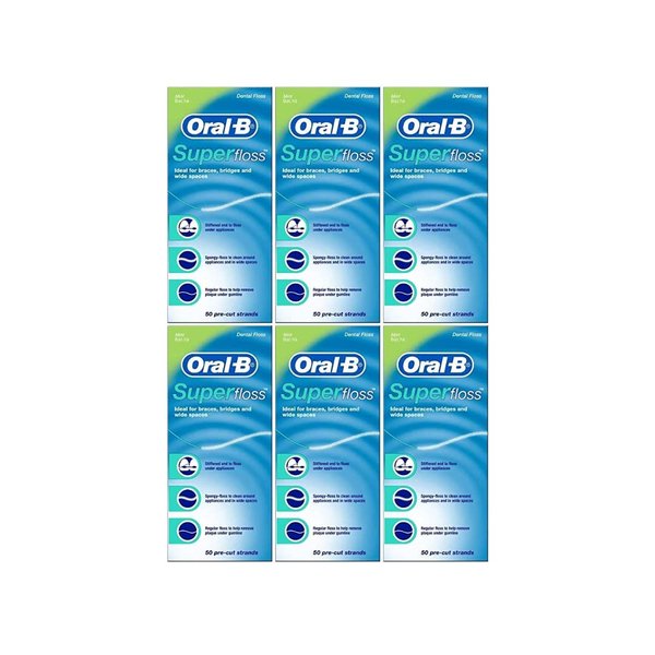 Oral-B Super Floss Mint Dental Floss for Braces Bridges - 50 Strips (Pack of 6)