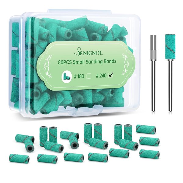 SENIGNOL Small Sanding Bands for Nails Drill, 80PCS Nail Sanding Bands with 3.1mm Mini Mandrel Nail Bit, 240 Grit Fine Sanding Bands for Acrylic Nail Prep Polishing Manicure Pedicure, Green