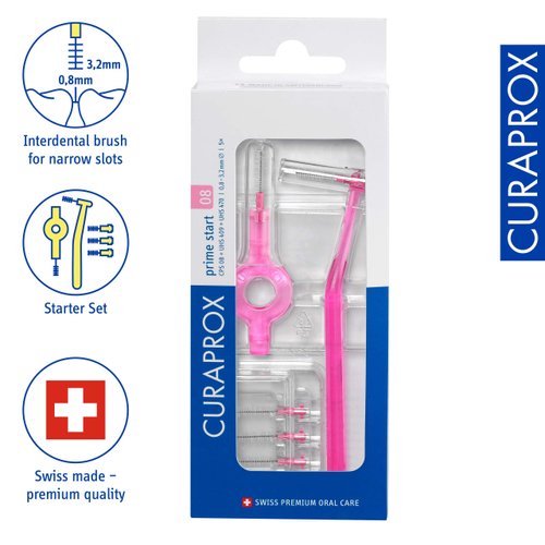 Curaprox CPS 08 Prime Start Interdental Brushes Set, 5 Interdental Brushes CPS 08 + 1 UHS 409 Holder + 1 UHS 470 Holder, 0.8 mm Diameter, 3.2 mm Effectiveness, Pink