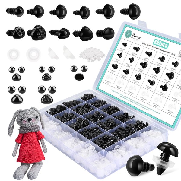 662Pcs Safety Eyes and Noses for Amigurumi, Junreox Preimum Safety Eyes for Crochet Stuffed Animals, 5-14mm Assorted Plastic Crochet Craft Eyes with Washers for Teddy Bear, Dolls, Plushies Toys, Black