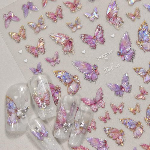 Butterfly Nail Art Stickers Decals Auroa Pink Butterfly 5D Embossed Nail Decals Shell Light Butterfly Nail Designs Adhesive Sticker Manicure Accessories for Women Girls DIY Nail Art Decorations
