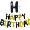 TONIFUL Happy Birthday Balloons Banner with Ribbon Straw, 16 Inch Mylar Letters Birthday Sign Banner Balloon Bunting Reusable for Girls Boys Kids & Adults Birthday Halloween Supplies（Black Gold）