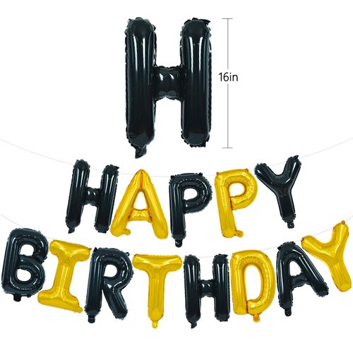 TONIFUL Happy Birthday Balloons Banner with Ribbon Straw, 16 Inch Mylar Letters Birthday Sign Banner Balloon Bunting Reusable for Girls Boys Kids & Adults Birthday Halloween Supplies（Black Gold）
